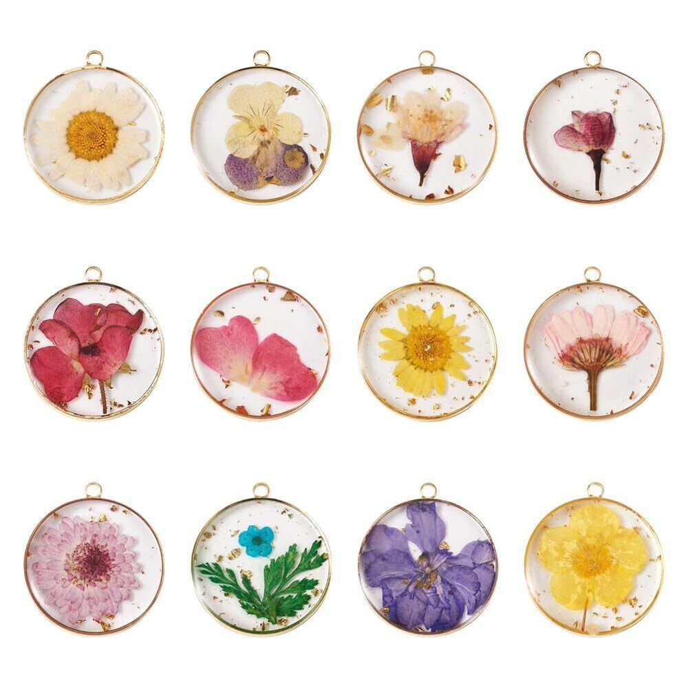 6586 12pcs Natrual Dried Pressed Flower Resin Pendant Mix Color Floral